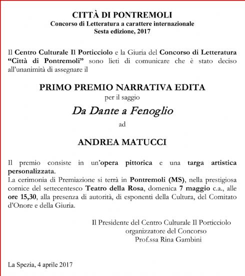 Primo premio Città di Pontremoli per Andrea Matucci