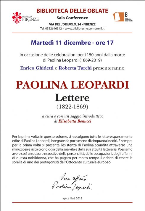 "Le Lettere di Paolina Leopardi" alle Oblate