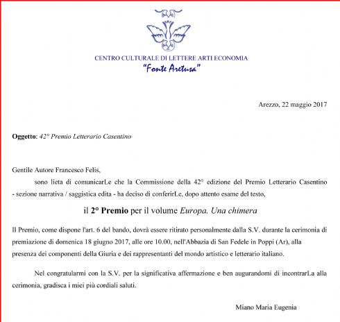Premio Letterario Casentino per Francesco Felis