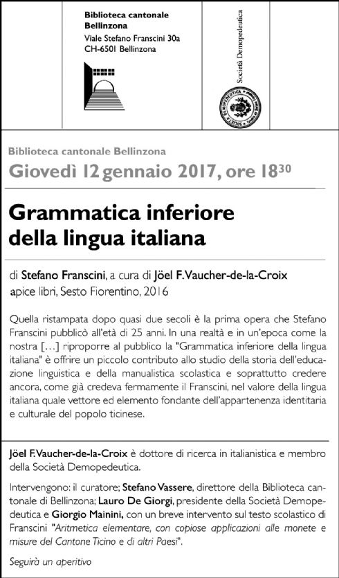 La "Grammatica inferiore" di Franscini a Bellinzona